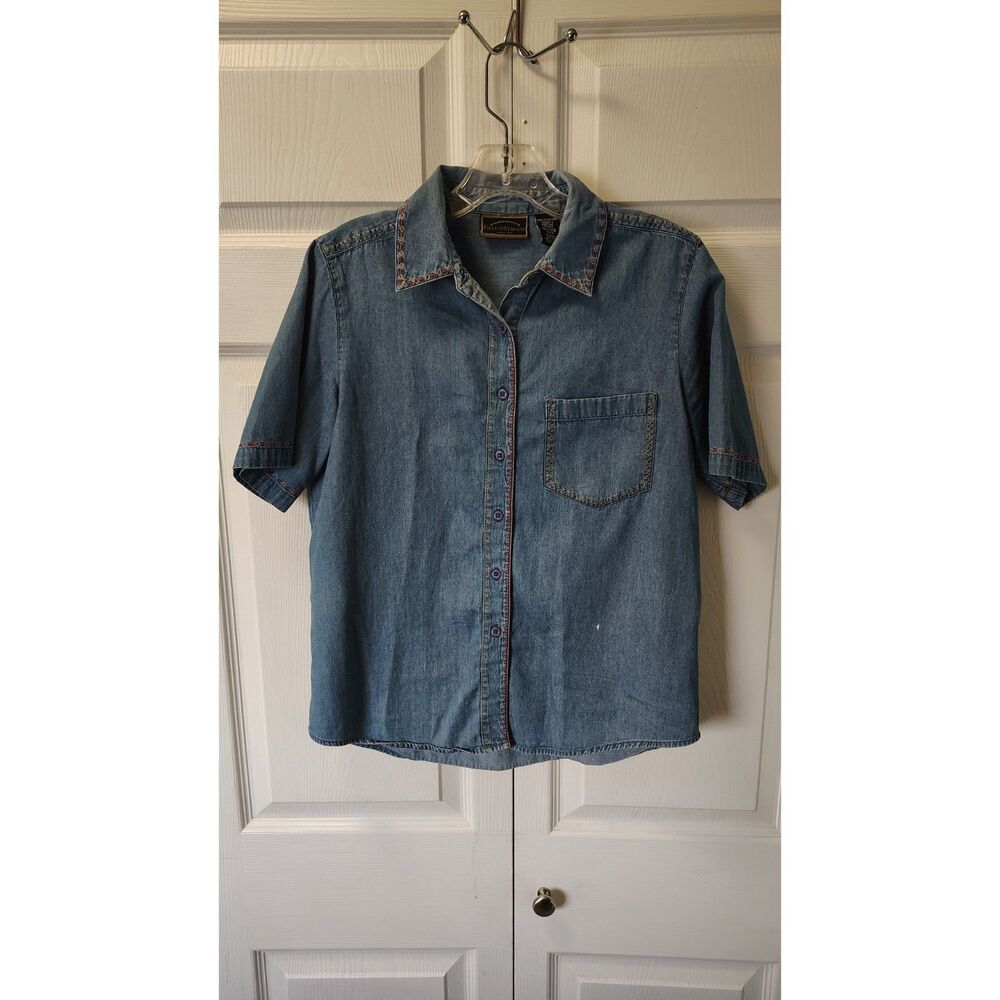 Field & Stream Denim Short Sleeve Button Up Shirt Embroidered Collar Small